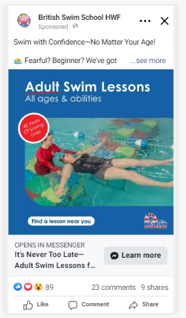 British Swim School click-to-Messenger Facebook ad — Adult Swim Lessons with a Learn More CTA that opens directly in Messenger