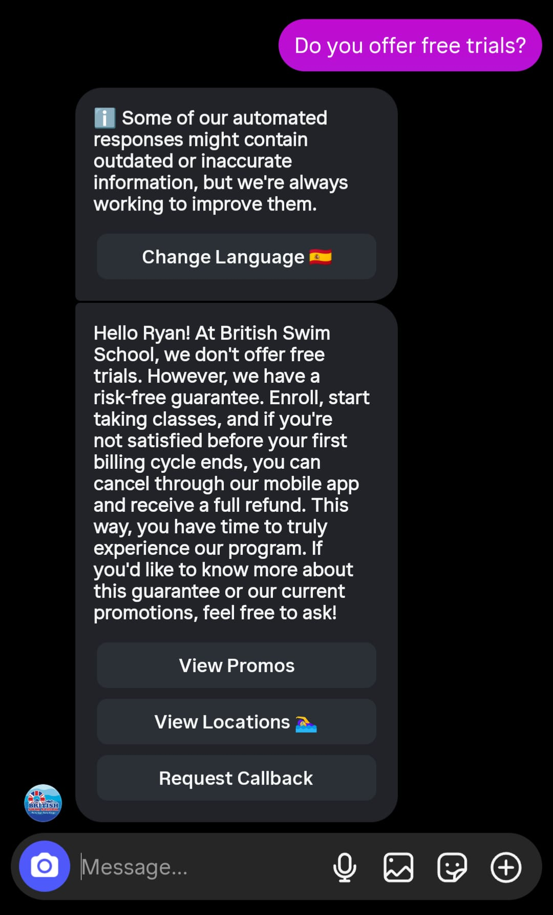 British Swim School Instagram DM bot responding to a free trials query with options to view promos, locations, and request a callback