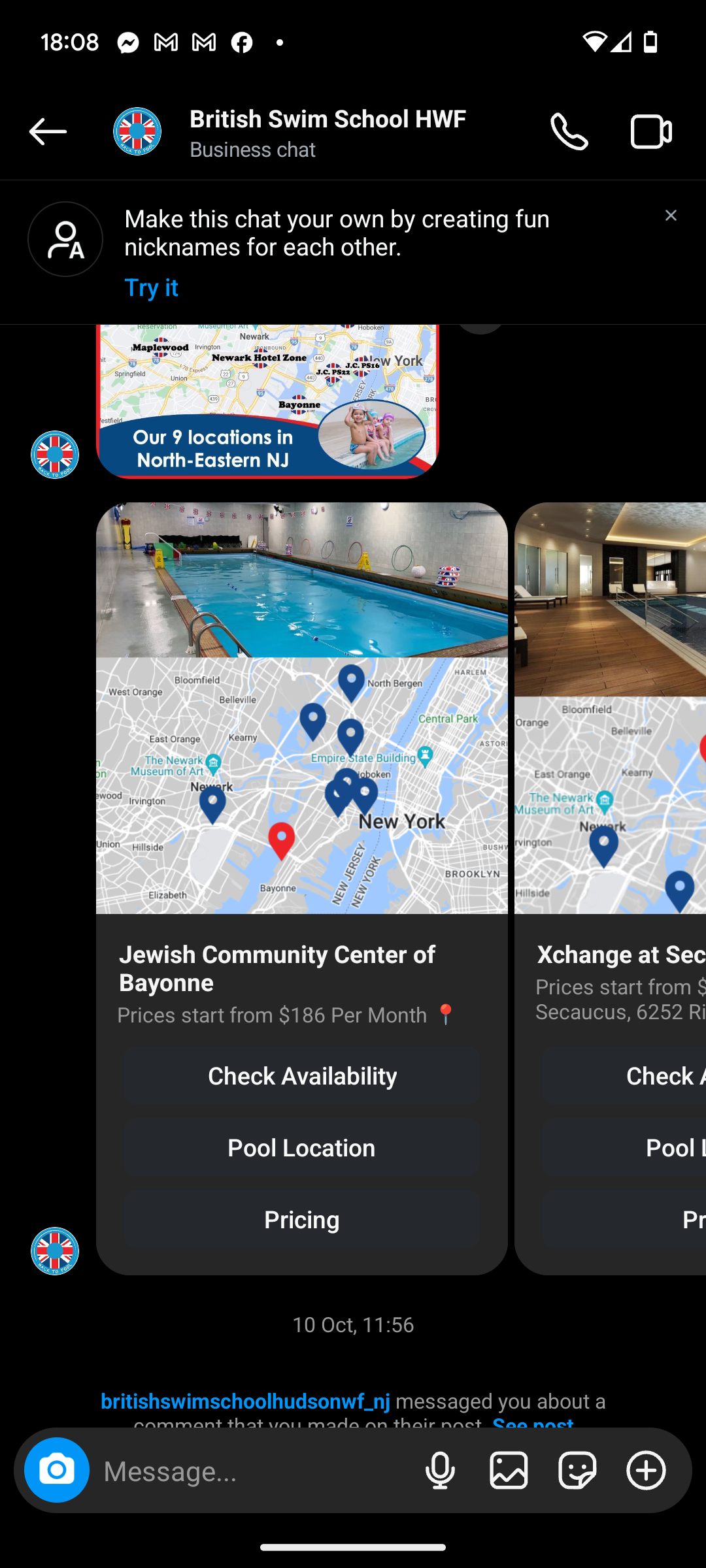 British Swim School HWF Messenger bot showing location carousel with pool options, availability check, and booking flow