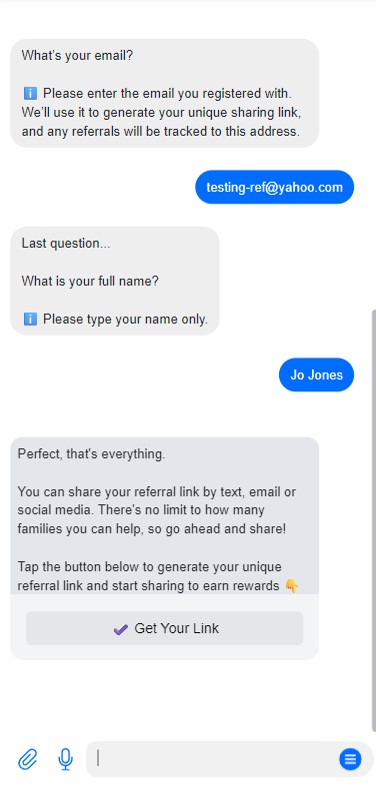 British Swim School web chat bot collecting referral details and generating a unique sharing link for the referral programme