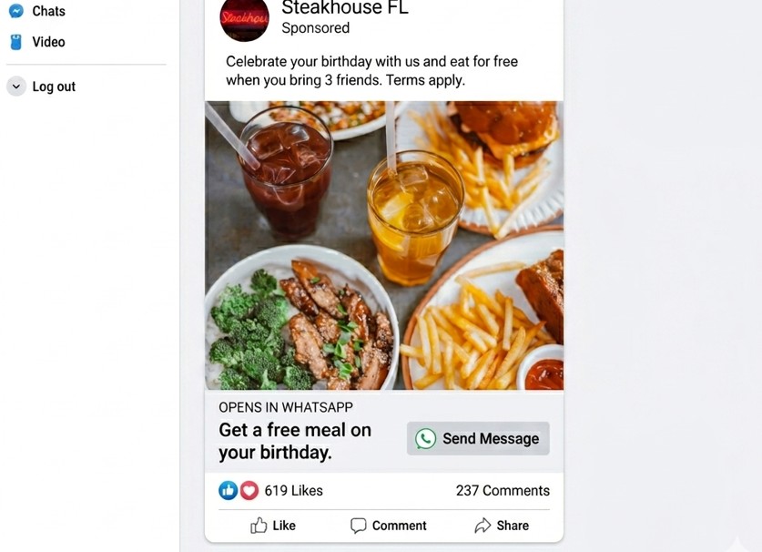 A Facebook sponsored ad for Steakhouse FL showing a Click-to-Message call to action that opens WhatsApp directly