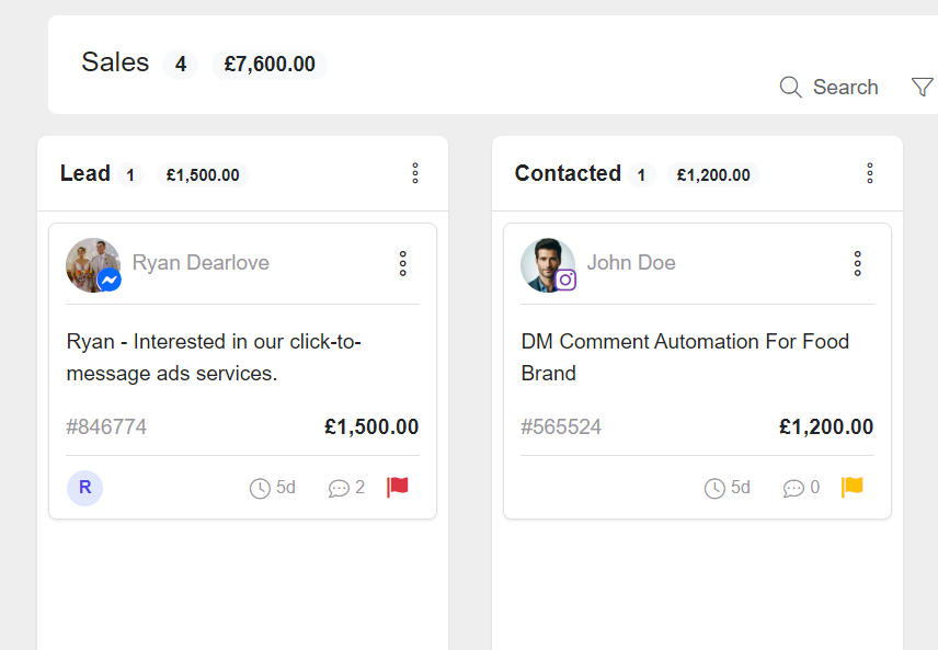 ChitChatBot.ai Kanban CRM board showing multi-channel pipeline management with drag-and-drop stages