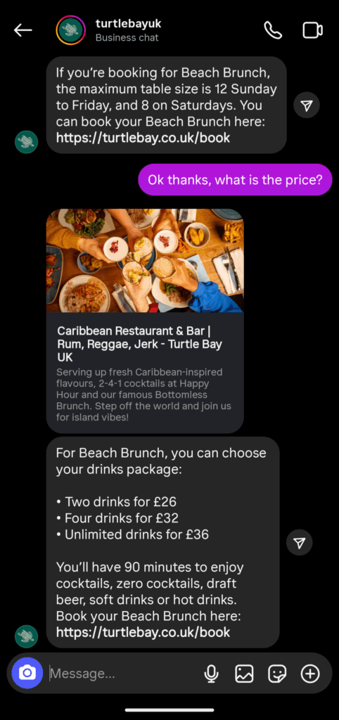 Turtle Bay Instagram DM bot answering a customer enquiry instantly with brand-matched tone