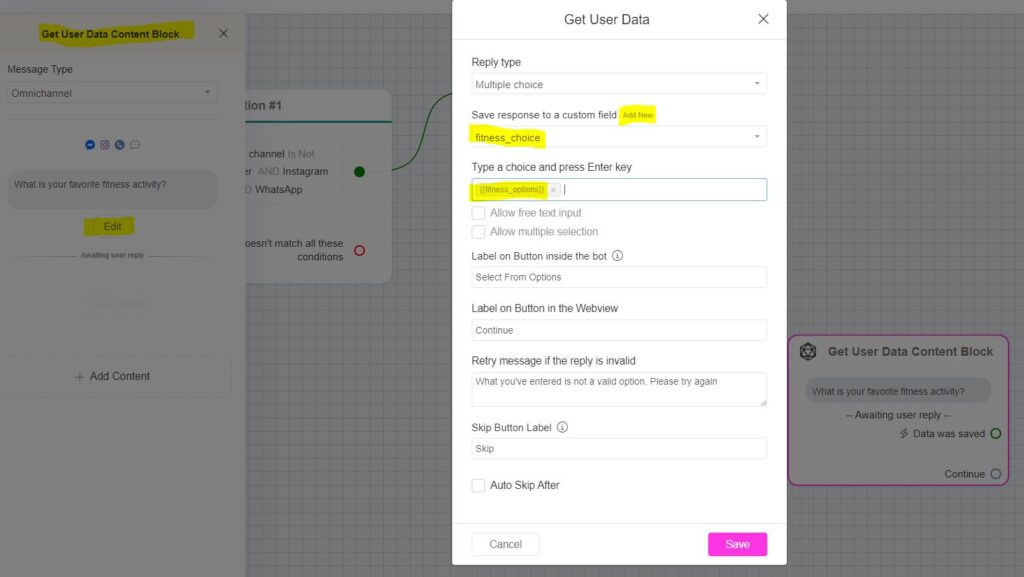 dynamic multiple choice - ChitChatBot - AI Bot Building Platform